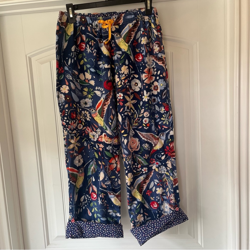 Anthropologie Eloise Floral Bird Print Pajama Pants size medium boho whimsy